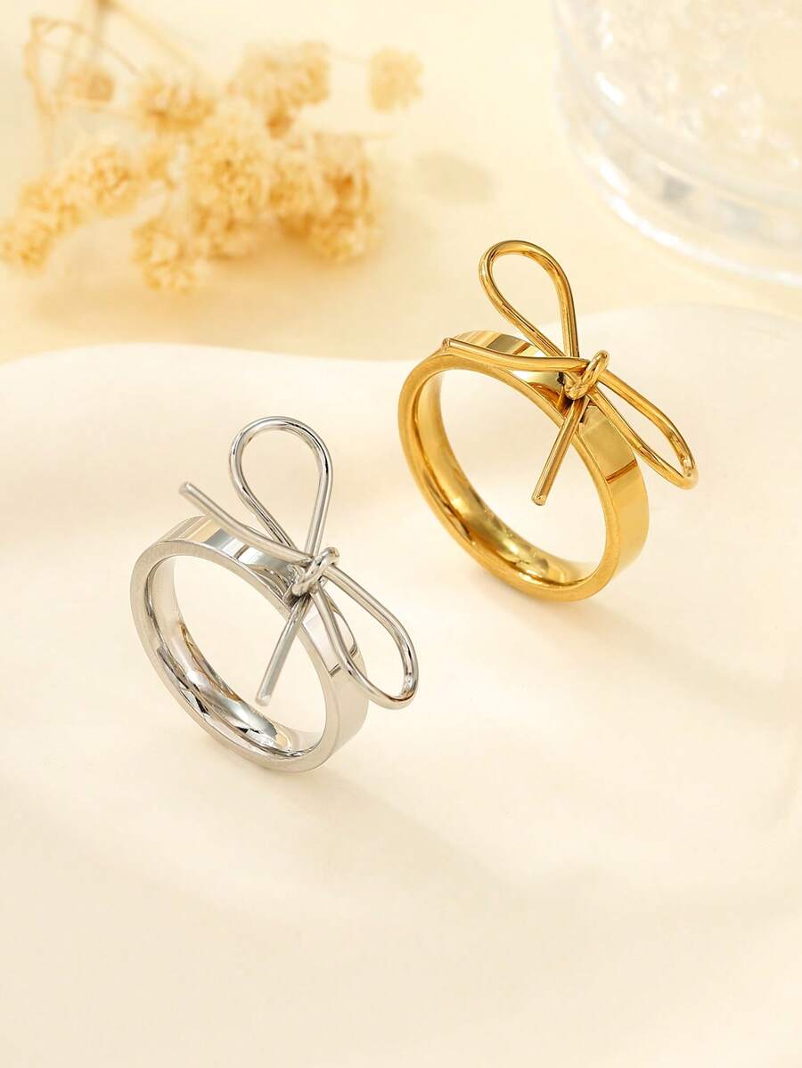 2pcs 18K Gold & Silver Plated Stainless Steel 304 Smooth Bowknot Ring Set, Cute & Minimalist, Suitable For Women's Daily Decoration Or Gift - Gold and Silver - View 1