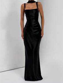 Prom Dress,Elegant Satin Cinching Waist Lace Up Slip Dress, Long Gown For Halloween Party, Cocktail Formal Event, Christmas Party, Valentine's Day - 黑色 - 查看 5