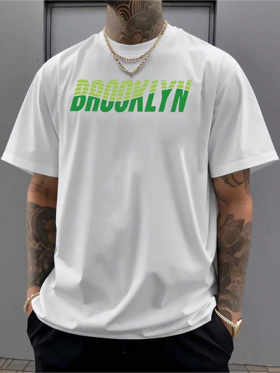 Men Brooklyn Graphic T-Shirt Dark Green Neon Accent Streetwear Tee Lightweight Breathable Fabric For Everyday Casual Athletic Wear Machine Washable Regular Fit Summer Shirt Leisure Outfit Urban Fashion Dign Soft Texture Durable Construction Round Neck Top Short Sleeve Tee Young Adults Active Liftyle - trắng - Xem 1