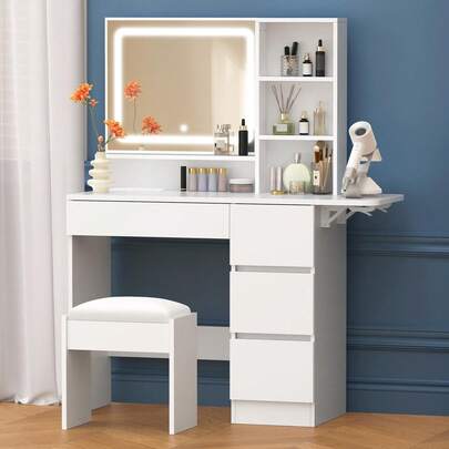ALFORDSON LED-Lit Vanity Table With Storage Stool, Vanity Table With Mirror, Drawers, Open Compartments And Shelves, Modern, White