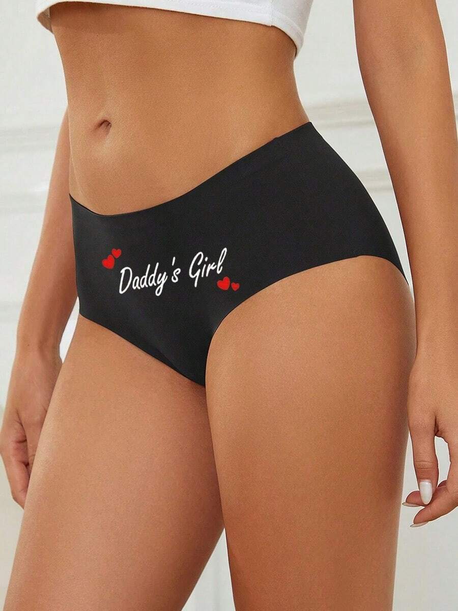 BEIBENK Daddys Girl Heart Print Black Underwear Cute Romantic Design For Women Love Gift Lingerie Sexy Panties - 黑色 - 查看 1