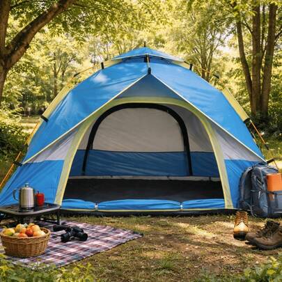 1pc Blue Fully Automatic Pop-Up Tent, Adult Camping Friendly Equipment, No Assembly Experience Needed, Single Person Can Operate Independently, Breathable Fabric With Reinforced Mesh Windows For Anti-Mosquito And Ventilation, Thickened Poles For Enhanced Wind Resistance, Easy To Store And Carry, Suitable For Short-Term Camping And Park Leisure.