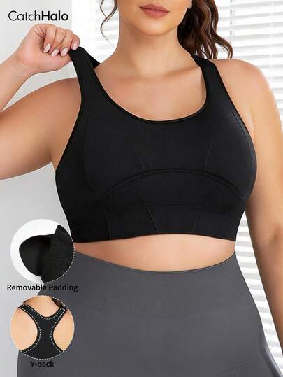大码露背运动文胸，可拆卸胸垫，黑色，全罩杯，无钢圈，宽肩带，透气，四向弹力，贴合曲线，中等支撑瑜伽文胸