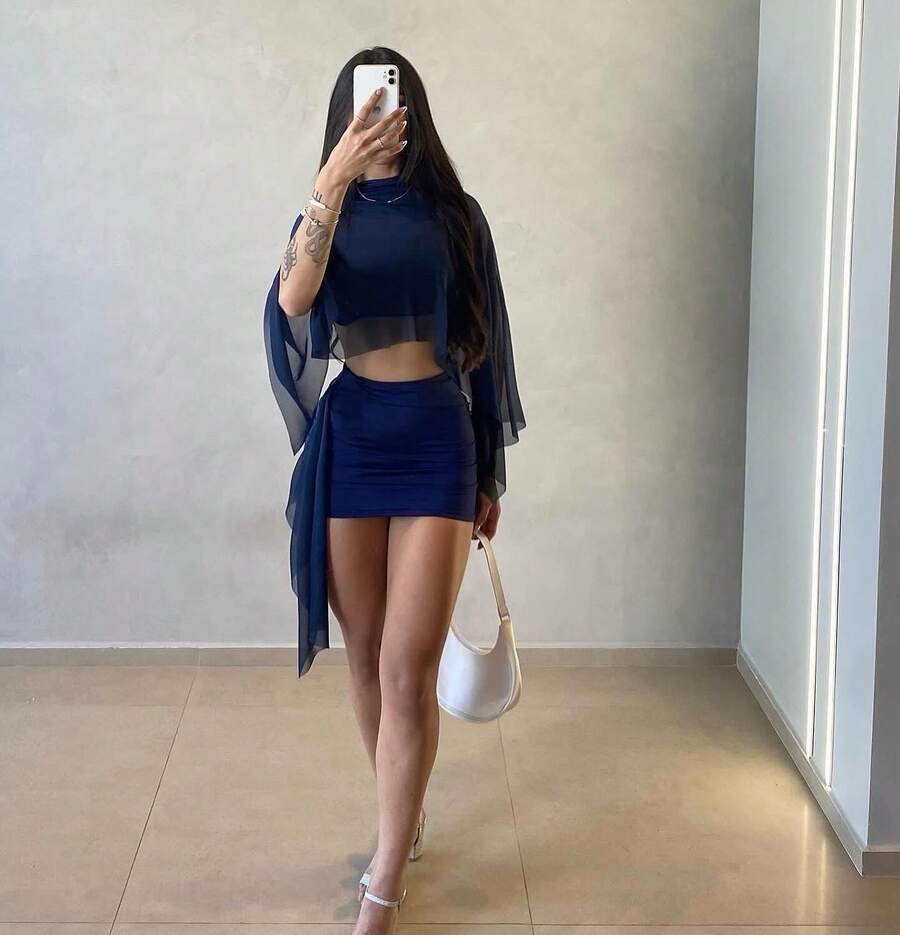 Fashion Tulle Set With Flowing Sleeves And Shaping Skirt In Spandex - Navy Blue - View 1