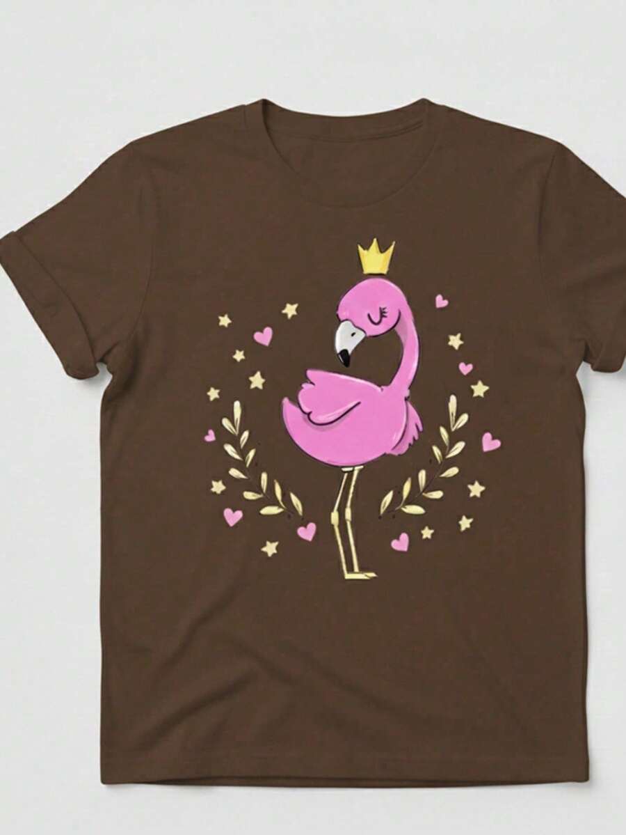 Stylish Women's T-Shirt With Flamingo And Crown Print - New Release - 100% Cotton T-Shirt - Loose, Oversized, Plus Size - GM MODAS - 鏽棕色 - 查看 1