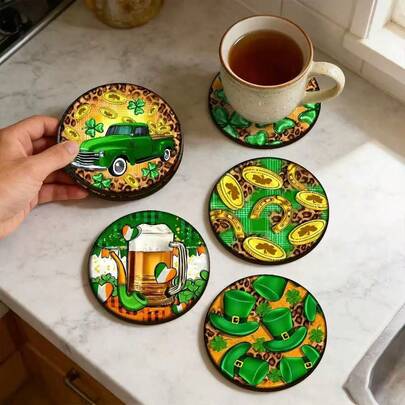 ที่รองแก้วไม้สำหรับวันเซนต์แพทริก, ของตกแต่งเทศกาลไอริชรูปโคลเวอร์สี่แฉก, แผ่นรองกันความร้อนทรงกลมสุดสร้างสรรค์