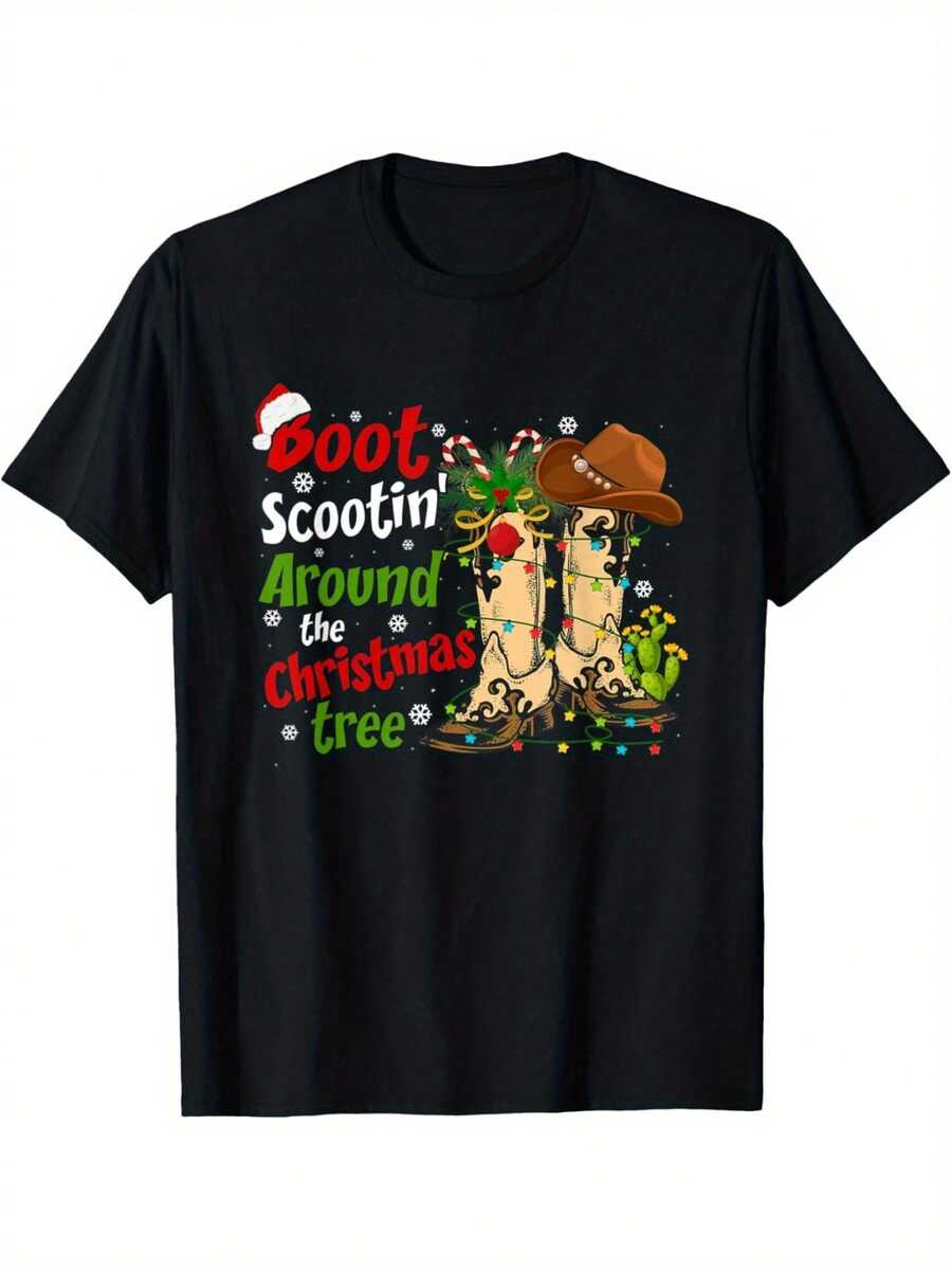 Boot Scootin' Around The Christmas Tree Country Western T-Shirt Summer Comfortable Casual Short Sleeve T-Shirt - 白色 - 查看 1