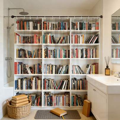 1件装时尚书架图案浴帘，仿书架印花浴帘，适用于各种房间浴室装饰隔断，浴室配件浴帘，浴缸帘