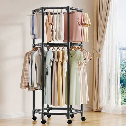Clothes Rack Hexagonal Rotating Clothes Rack Metal Clothes Drying Rack Movable Balcony Bedroom Clothing Storage Rack With Pulley