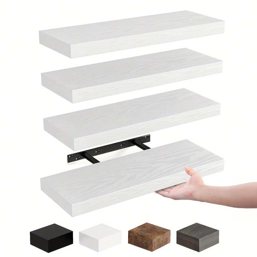 LOVEWE Set Of 4 Rustic Wood Floating Shelves - Wall Mounted Storage Shelf For Bathroom Bedroom Living Room Kitchen, Book Display & Space-Saving Decor - 4 chiếc - màu trắng - Xem 1