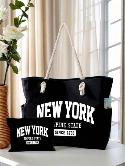 Juego de bolso tipo tote - "Nueva York", bolso de hombro de gran capacidad y bolsa pequeña a juego, bolsa de compras reutilizable duradera para uso diario, salidas de la iglesia, viajes y trabajo, bolso de viaje, bolsa de almacenamiento para vacaciones, bolso de hombro de gran capacidad, adecuado para tomar el sol en la playa, picnic, camping, viajes, gimnasio, bolsa de piscina, bolsa de playa, bolso de fin de semana para mujeres, bolsa de compras reutilizable o viaje de negocios diario