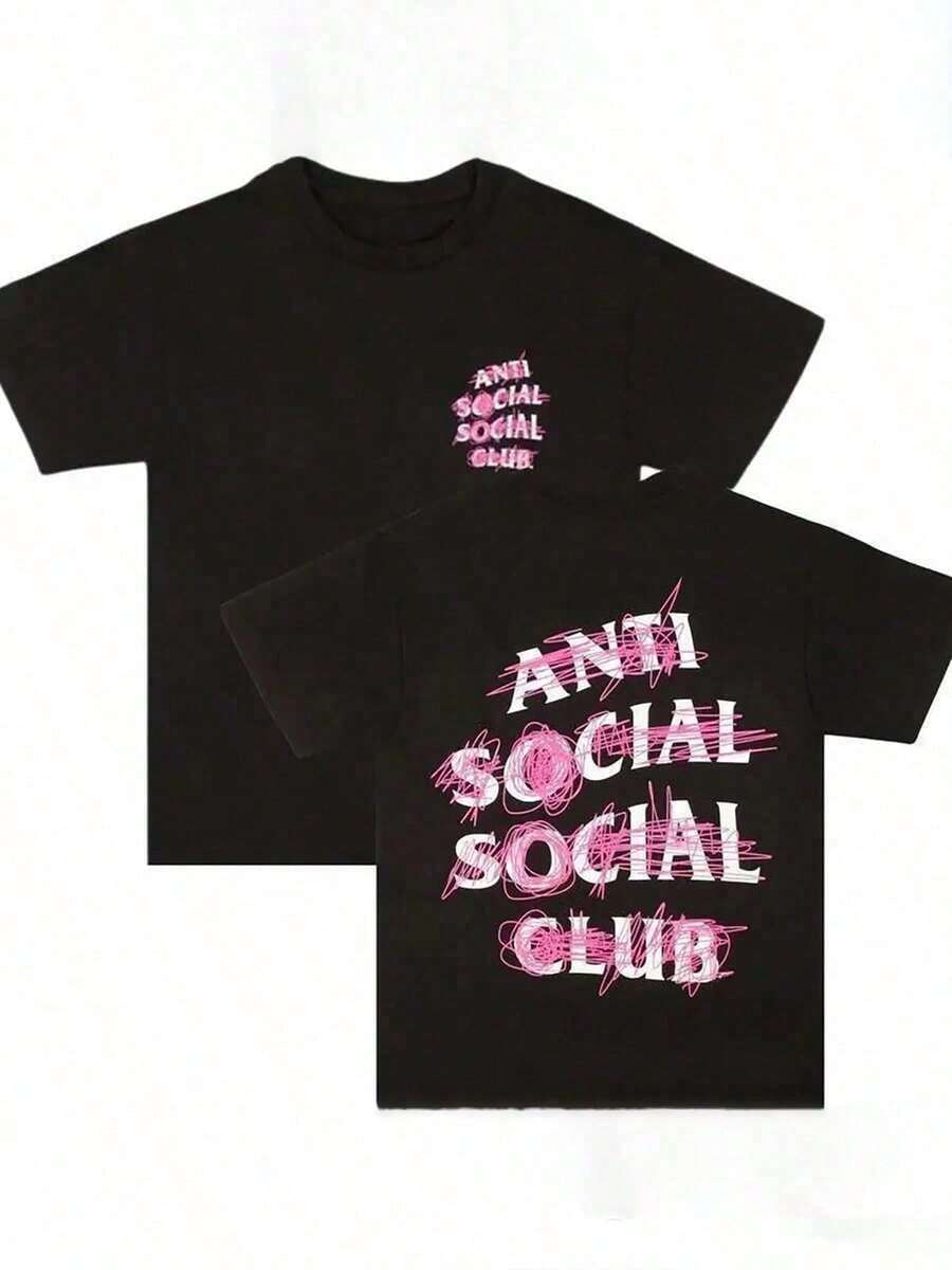 Cotton Double-Sided Printed, Anti Social Club Printed T-Shirt, Suitable For Daily Wear, Casual Summer Wear, Slightly Elastic, Breathable, Outdoor Holiday Sports, Gift T-Shirt, Holiday Gift, Perfect Gift. - 黑色 - 查看 1