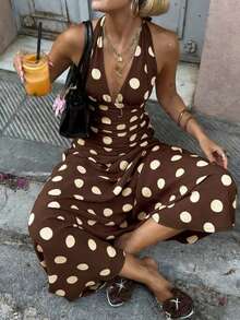 2026 Spring/Summer New Fashion Casual Versatile Daily Vacation Contrast Polka Dot V-Neck Halter Bodycon Maxi Dress, Polka Dot Maxi Dress, Women's Long Summer Dress, Birthday Dress, Women's Birthday Dress, Women's Birthday Outfit, Long Party Dress, Carnival, 2026 Carnival Women's Outfit - Brown - View 3