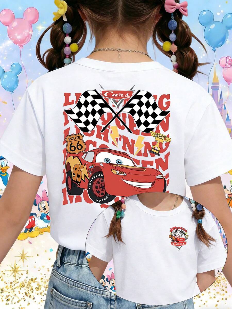 Disney Cars Lightning McQueen Racing Checkered Flag Piston Cup Printed Pattern T-Shirts For Girls - Children's Clothing Design Short-Sleeved Casual And Cute Style Comfortable And Casual Wear All Year Round Suitable For Parties And Play Machine Washable Gift Children's Clothing Girls' Short-Sleeved Shirts - White - View 1