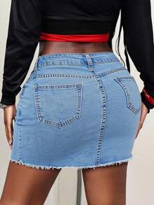 Women's Summer Mid Rise Slim Fit Denim Mini Skirt With Frayed Hem, Sexy Casual Street Style - Light Wash - View 4