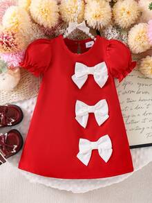 1pc Baby GirlCute French Bow Princess Dress, Summer - Red - View 1