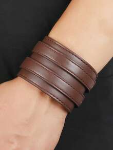 1pc Leather Bracelet, Multi-Layer Wide Leather Adjustable Wristband, Suitable For Men's Daily Wear - Black - View 14