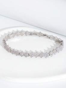 1 Set Luxury Elegant Cubic Zirconia Inlaid Hexagram Design Bracelet, Suitable For Women's Wedding & Party Wear, Excluding Gift Box - Silver - View 2