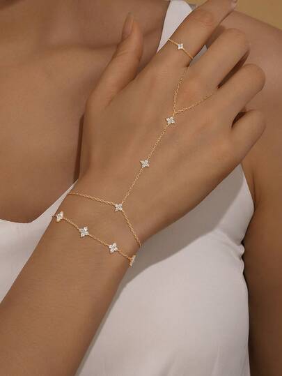 1pc 925 Sterling Silver Octagonal Star Connected Finger Ring Bracelet, 18K Gold Plated, Classic Minimalist Jewelry For Women, Suitable For Daily Wear, Wedding, Engagement