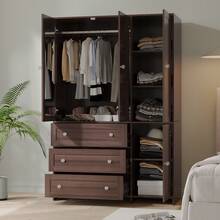 VOWNER 31.5"/ 47.3" Armoire Wardrobe Closet With Mirror, 3 Large Drawers & 2 Doors, Modern Clothes Storage Organizer Cabinet For Bedroom, Walnut / Grey Oak - 胡桃色 - 查看 5