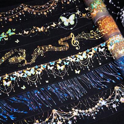 1 rollo de cinta, cinta PET con el tema decorativo de la serie de cadenas de estrellas, cinta de sellado para envolver regalos con patrones ricos, papel decorativo base para diarios manuscritos, adecuado para múltiples escenarios, pegatinas para álbumes de recortes, diarios, decoración de estuches de teléfono, vasos, cuadernos, accesorios, pegatinas decorativas, suministros para scrapbooking, pegatinas decorativas para manualidades, regalo de temporada de regreso a clases