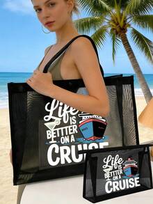 Nautical Style "Cruising Life Is Better" Mesh Tote Bag Set, Cruise Ship Theme, Reusable Lightweight Fabric Shoulder Bag With Portable Makeup Bag, Suitable For Daily Commuting, Travel, And Holiday Parties,Camping, Cruise Vacations, Beach, Ocean And Everyday Use, A Gift For Cruise Enthusiasts - Multicolor - View 2