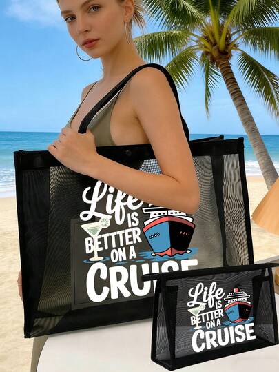Nautical Style "Cruising Life Is Better" Mesh Tote Bag Set, Cruise Ship Theme, Reusable Lightweight Fabric Shoulder Bag With Portable Makeup Bag, Suitable For Daily Commuting, Travel, And Holiday Parties,Camping, Cruise Vacations, Beach, Ocean And Everyday Use, A Gift For Cruise Enthusiasts