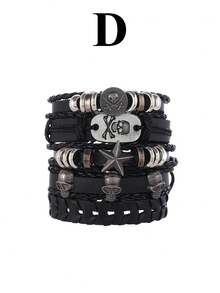 Skull Leather Bracelets For Men Retro Vintage Braided Punk Bracelet Set For Man Woman - Black - View 7