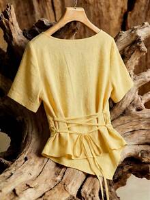 Camisa a medida con cuello en V, cintura ceñida y bajo puntiagudo, Urbanchic. Atuendo para conciertos, atuendos para brunch, vestido de invitada de boda, estilo bohemio, atuendo para Año Nuevo, Día de San Valentín, elegante para damas, atuendo de playa, atuendo de Acción de Gracias, atuendo de graduación - Amarillo - Ver 4