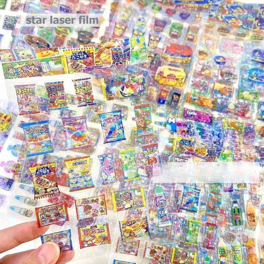 24Pcs Japanese Retro Early Style Snack Stickers Kawaii Scrapbook Journal Star Laser Flash Transparent Cut Film Decal DIY Deco - 24pcs - View 1