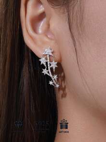 925纯银莫桑石耳环，低过敏性小众奢华设计，抗氧化百搭耳环，情人节、母亲节、婚礼、订婚、生日礼物，礼盒包装 - 銀色 - 查看 2