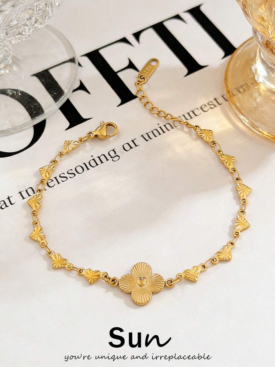 1pc Stainless Steel Clover Pendant Bracelet Fashion 18K Gold Plated Heart Chain Bracelets For Women Waterproof Jewelry - Bracelet - View 1