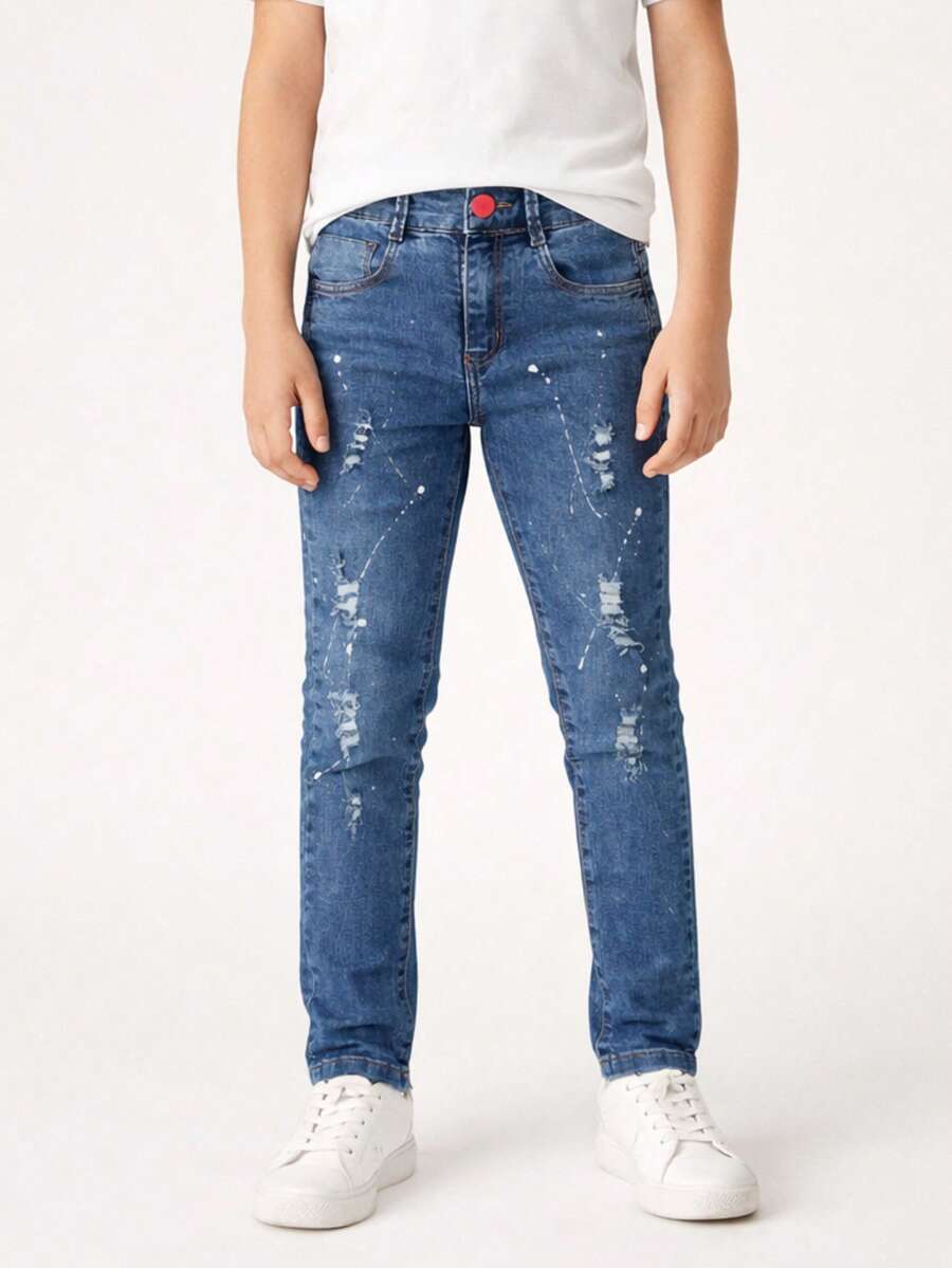 Calça Jeans menino juvenil com detalhe rasgado jogador 10 a 16 - Lavagem Média - Visão 1