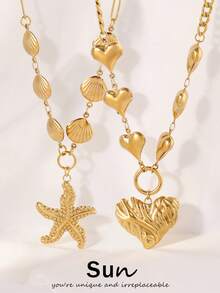 1pc Stainless Steel Heart Starfish Pendant Necklace Fashion 18K Gold Plated Ocean Shell Charms Hollow Chain Necklaces For Women Jewelry - Necklace - View 1