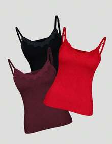 Set Of 3 Padded Blouses With Lace Detail, Plain Print, Basic Everyday Wear - Black Wine Red - View 1