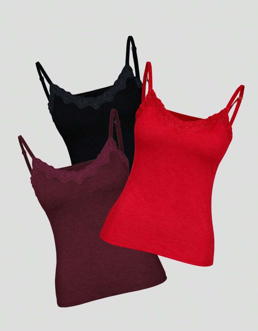Set Of 3 Padded Blouses With Lace Detail, Plain Print, Basic Everyday Wear - Black Wine Red - View 1