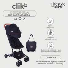Carrriola Clik-it para bebé ultracompacta y ligera, plegable tipo equipaje de mano, reclinable, con arnés de 5 puntos, toldo con visera UV y asa de transporte, ideal para viajes y paseos urbanos - Negro - Ver 2