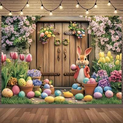 1件装春季复活节兔子和花卉背景布，花园草坪和栅栏设计，用途广泛，适用于生日、婚礼、圣诞节、新年、情人节、家庭聚会和厨房派对。多种尺寸可选，这款多功能派对背景布男女皆宜，适合所有季节，可用于室内外装饰、摄影工作室、花园装饰、派对装饰和照相亭。