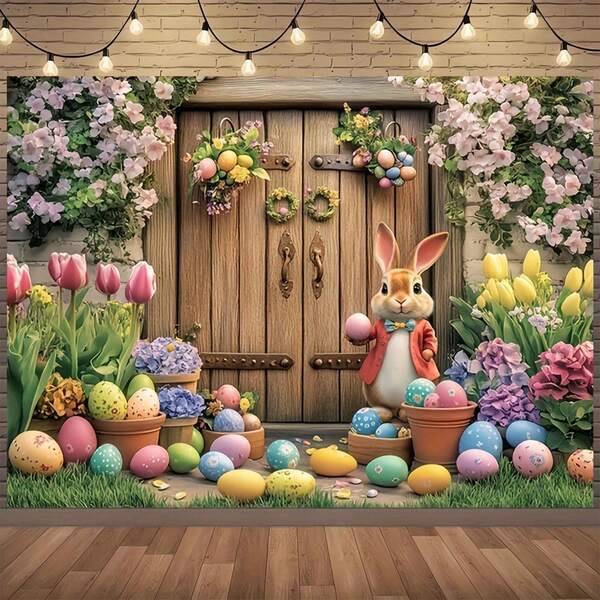 1件装春季复活节兔子和花卉背景布，花园草坪和栅栏设计，用途广泛，适用于生日、婚礼、圣诞节、新年、情人节、家庭聚会和厨房派对。多种尺寸可选，这款多功能派对背景布男女皆宜，适合所有季节，可用于室内外装饰、摄影工作室、花园装饰、派对装饰和照相亭。