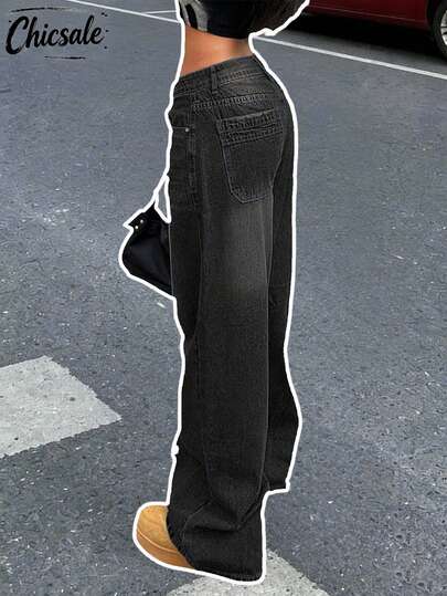 女式宽松直筒复古男友风牛仔裤