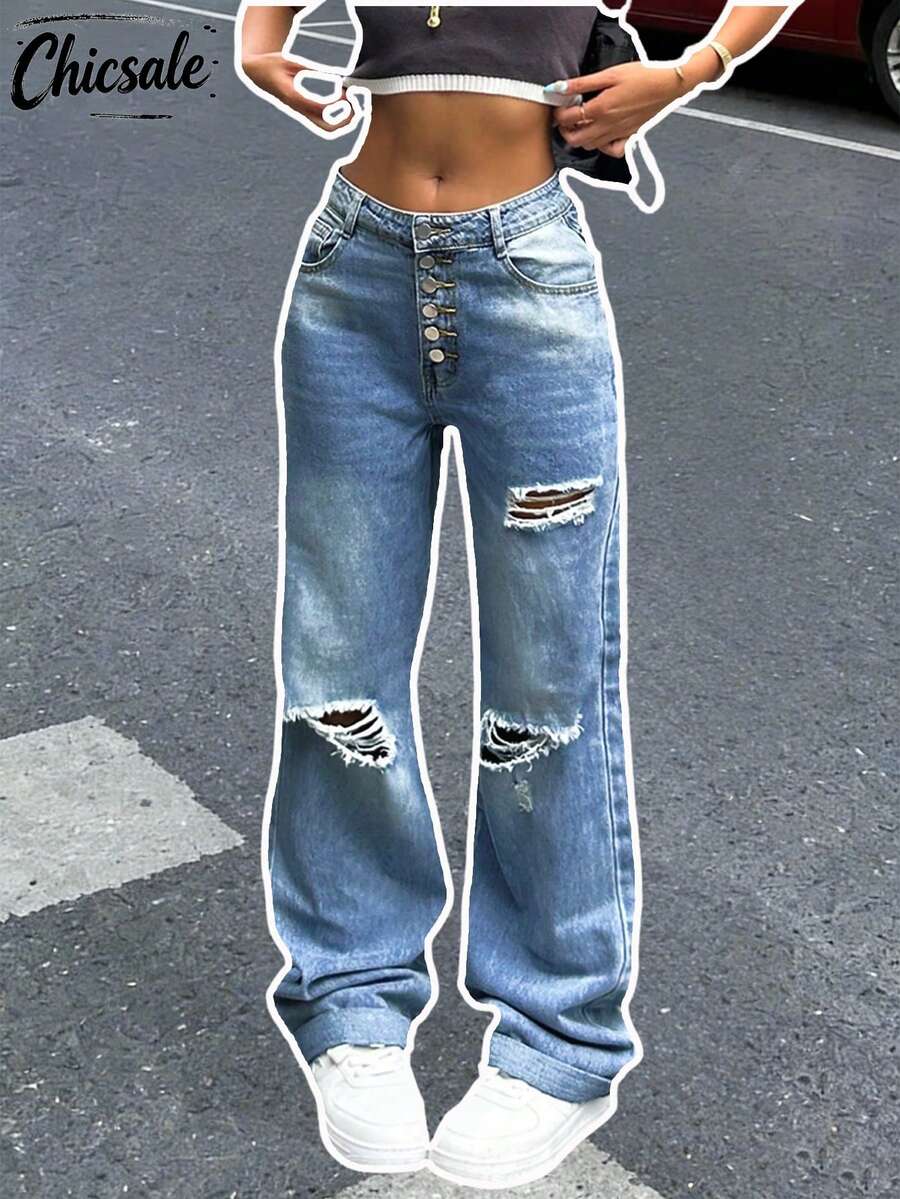 Women's Casual Single-Breasted Washed Ripped Cuffed Straight Leg Jeans - Light Wash - View 1