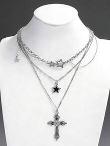 3pcs/Set Retro Gothic Style Star, Meteor, Cross Pendant Necklace Set For Women, Punk Style - Bạc - Xem 1
