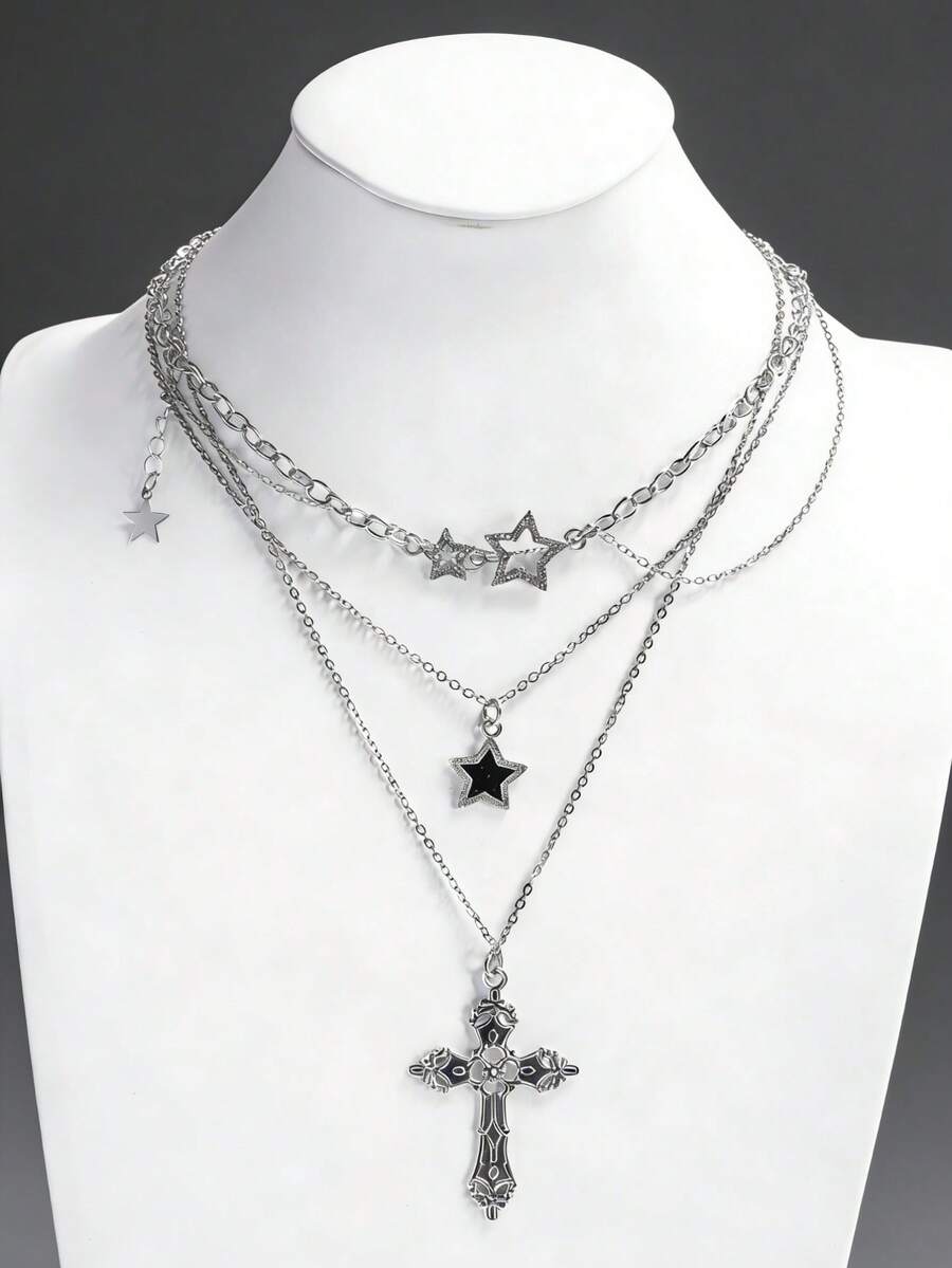 3pcs/Set Retro Gothic Style Star, Meteor, Cross Pendant Necklace Set For Women, Punk Style - Bạc - Xem 1