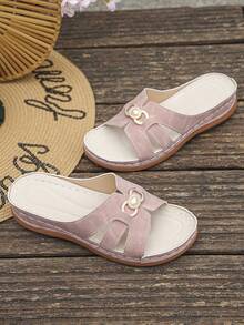 Damen Sandalen in Große Größen, Sommer Neue Mode Lässig Weinrot & Schwarz Patchwork Runde Zehenkappe Plateau Dicke Sohle Slip-On, Komfortabel für Alltag/Strand - Rosa gefrostet - Übersicht 9