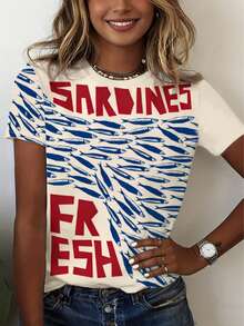 Women's Casual Loose Ocean Fish Element Print Round Neck Short Sleeve T-Shirt - Multicolor - View 4