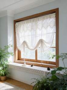 1pc Bohemian Style Floral Crochet Tie-Up Linen Curtain - Elegant Floral Pattern, Bohemian Tassel Decor, Bohemian Tie-Up Roman Shade Design, Suitable For All Seasons, Vintage Farmhouse Style Tie-Up Sheer Curtain For Living Room, Kitchen, Bathroom Window Decor - Beige - View 11