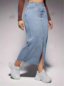 女士休闲优雅长款牛仔裙，开衩设计，中等弹力面料 - 藍色 - 查看 4