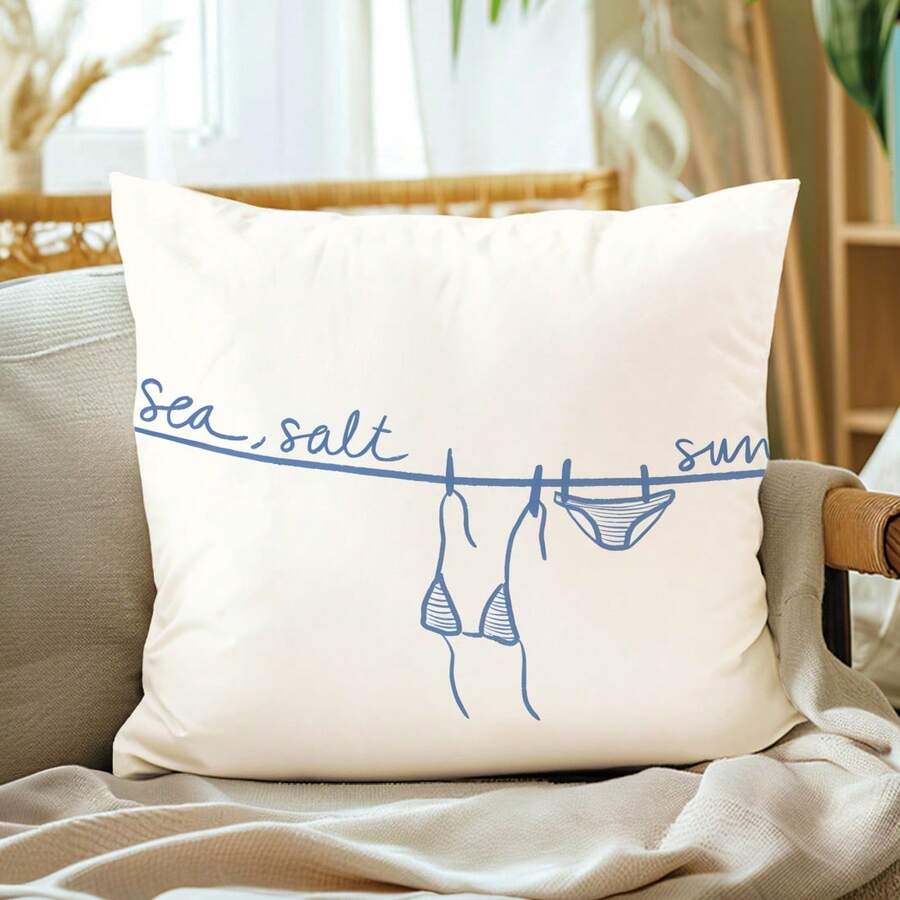 1pc Summer Minimalist Bikini Illustration Cushion Cover, Single-Sided Printed Peach Velvet Polyester, 45*45CM/18*18inch Pillow Case Suitable For Room Decor, Modern Minimalist Sofa Living Room Decor Gift - Multicolor - View 1