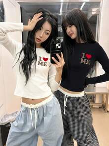 两件套女士圆领长袖T恤套装，美式辣妹风格，新款豹纹印花和字母图案，适合春秋季节，时尚百搭修身短款上衣 - 白色+黑色 - 查看 1