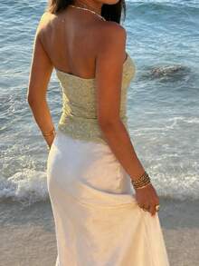 1pc Women's Twist Knot Waist Beaded Camisole Top, Suitable For Daily Wear And Beach Vacation, Spring/Summer - Green - View 6